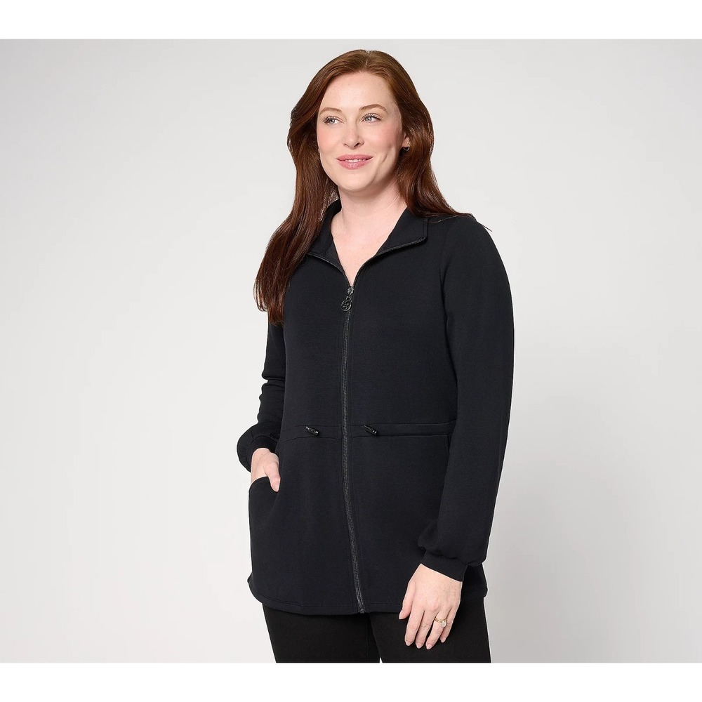 Belle by Kim Gravel ScubaLuxe Cinch Waist Zip Front Jacket Black L #41E